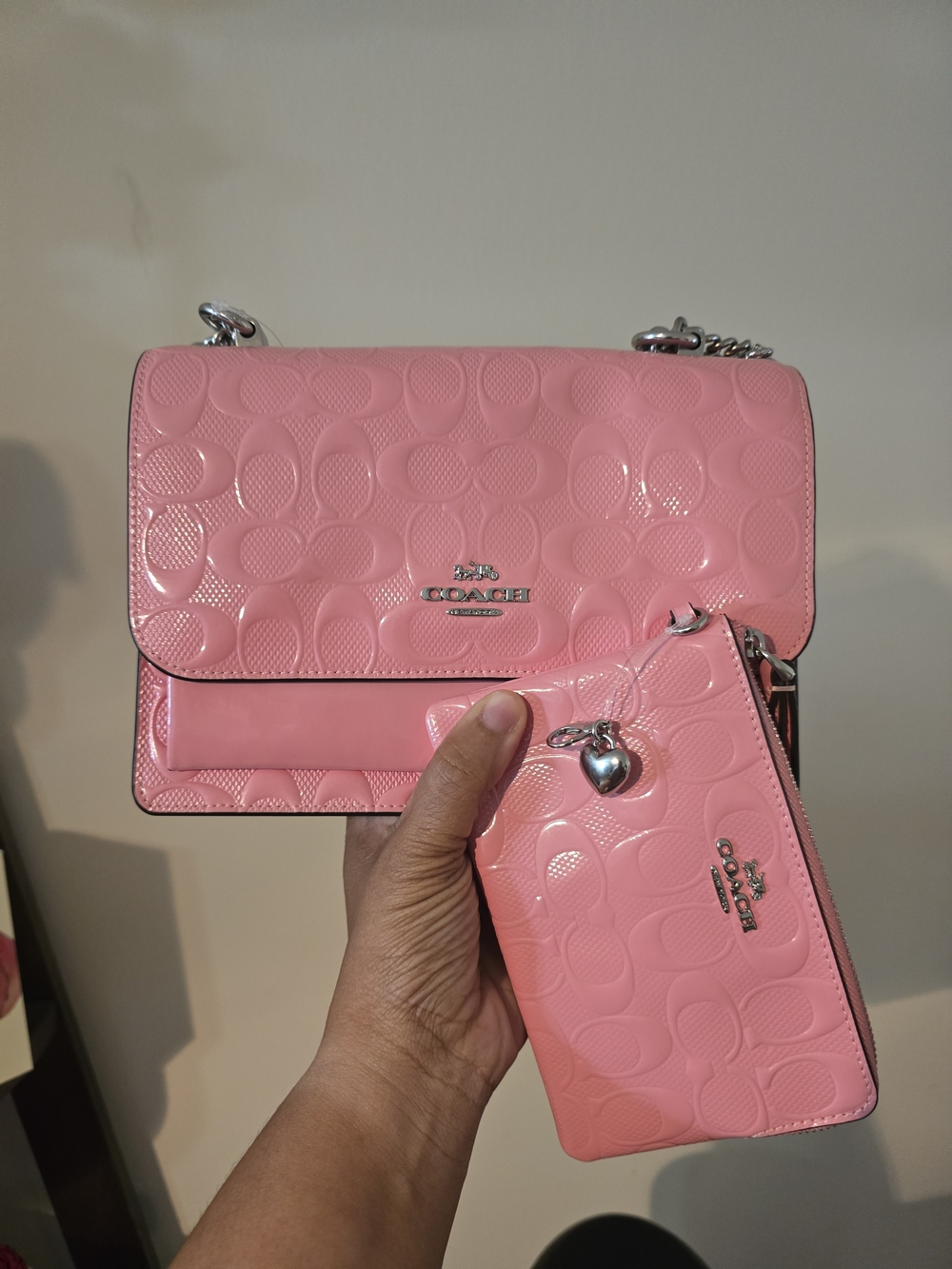 Coach Klare Pink Patent Signature Shoulder Bag with Matching Wristlet